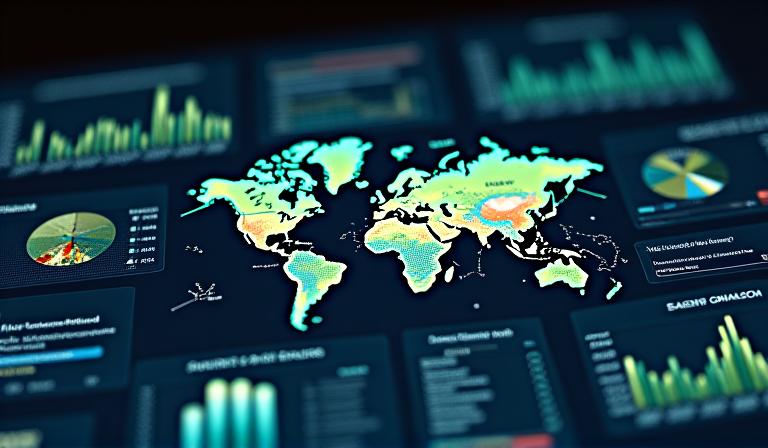 Data visualization charts showing environmental impact data on a map